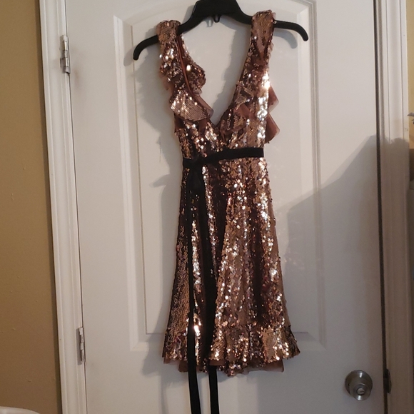 ♻️ New Free People Rose Gold Tribeca Sequins Ruffle Mini Dress Size 6 - Picture 3 of 13